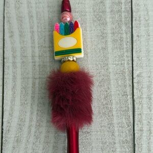 Furry Burgundy Pen with Yellow Crayon